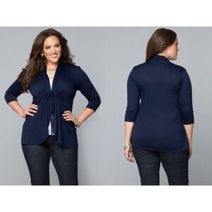 Kiyonna Top Sunset Stroll Bellini Cardigan Size 1X Navy Blue Tie Front Spring